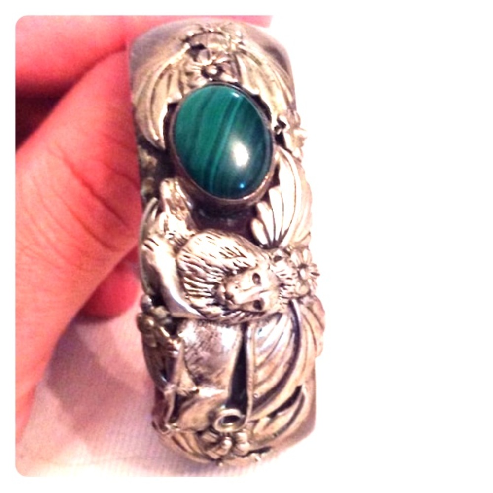Sterling Lion and Malachite Vintage Navajo Cuff